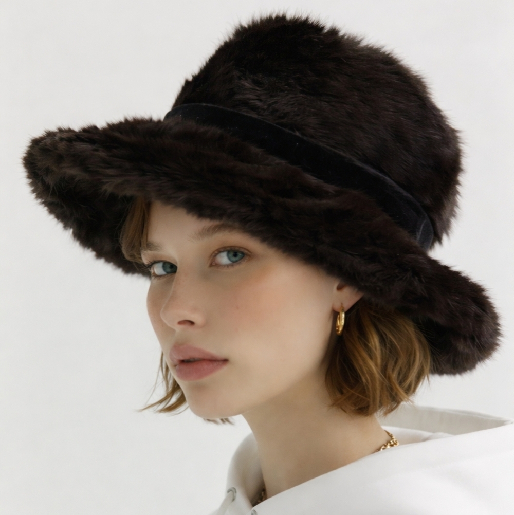 Brown Real Ranch Mink Fur Brin Hat With Velvet Bow Accent 21 1/2" Vtg Neiman M.